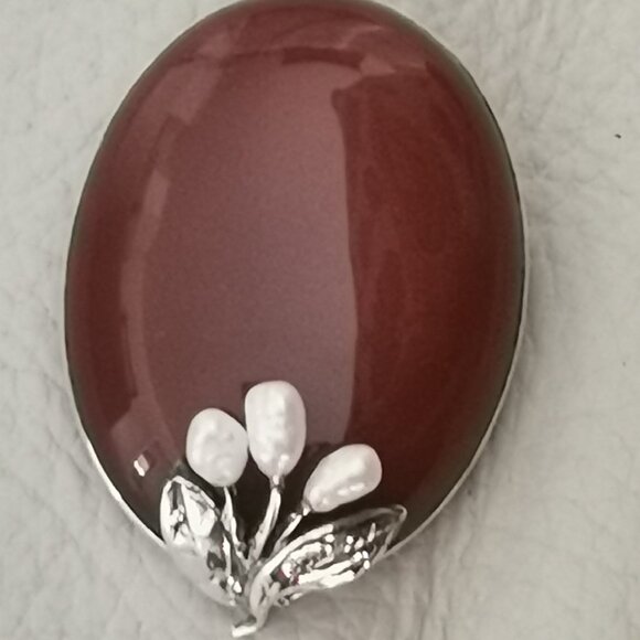 Antique Sterling Silver Signed Carnelian with Pearls Brooch - Picture 1 of 14